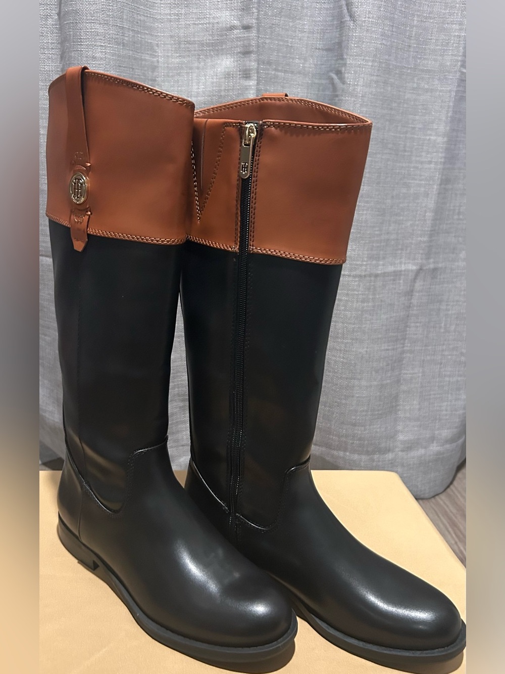 Tommy Hilfiger Black and Brown Tall Fold-Over Riding Boots